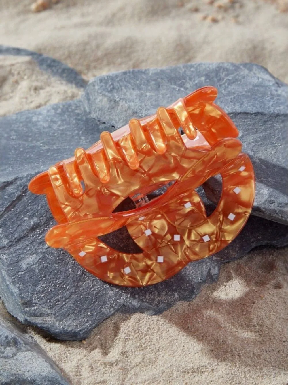 Amber Tortoiseshell Pretzel-Shaped Hair Claw Clip with White Dots